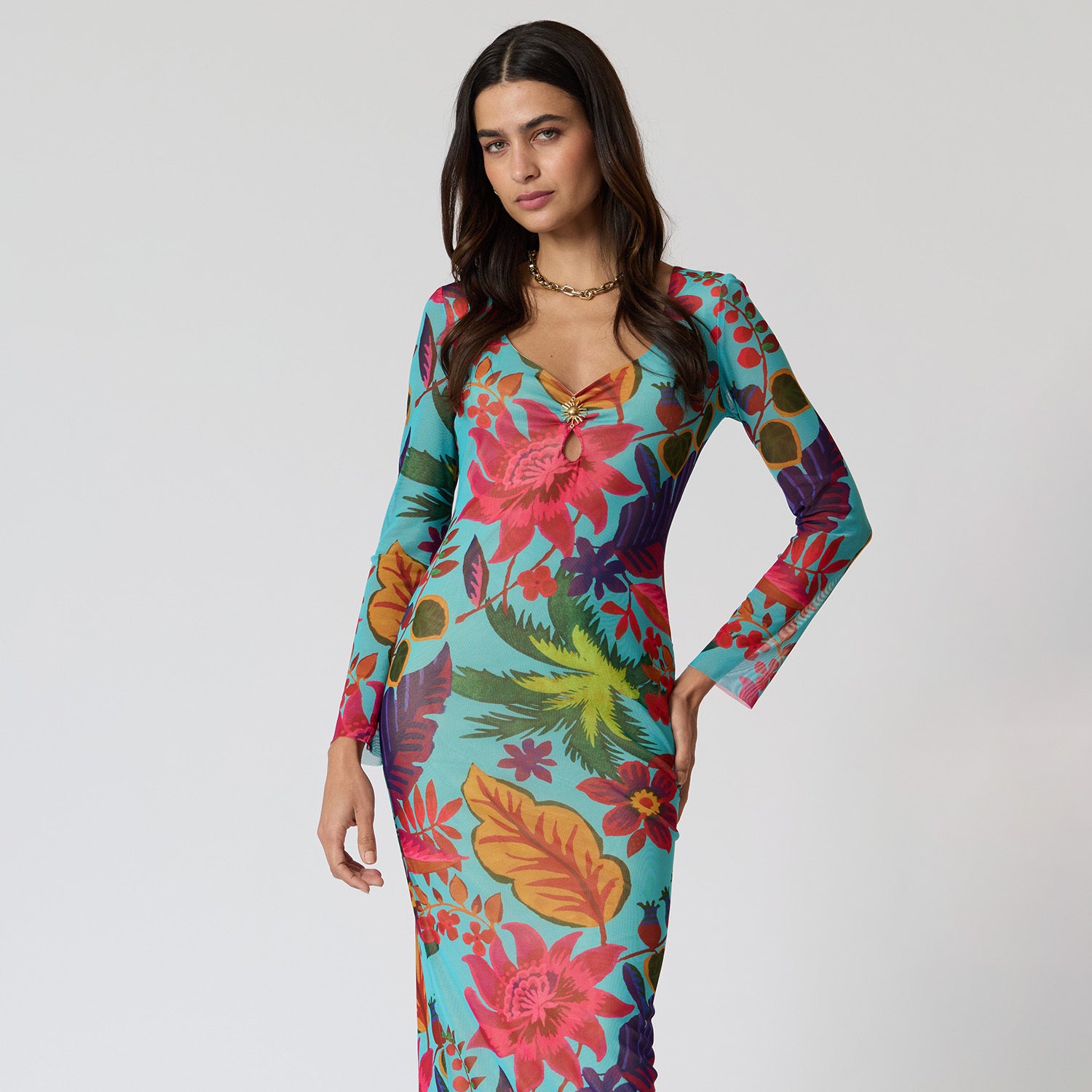 Vestido Largo Mesh Turquesa