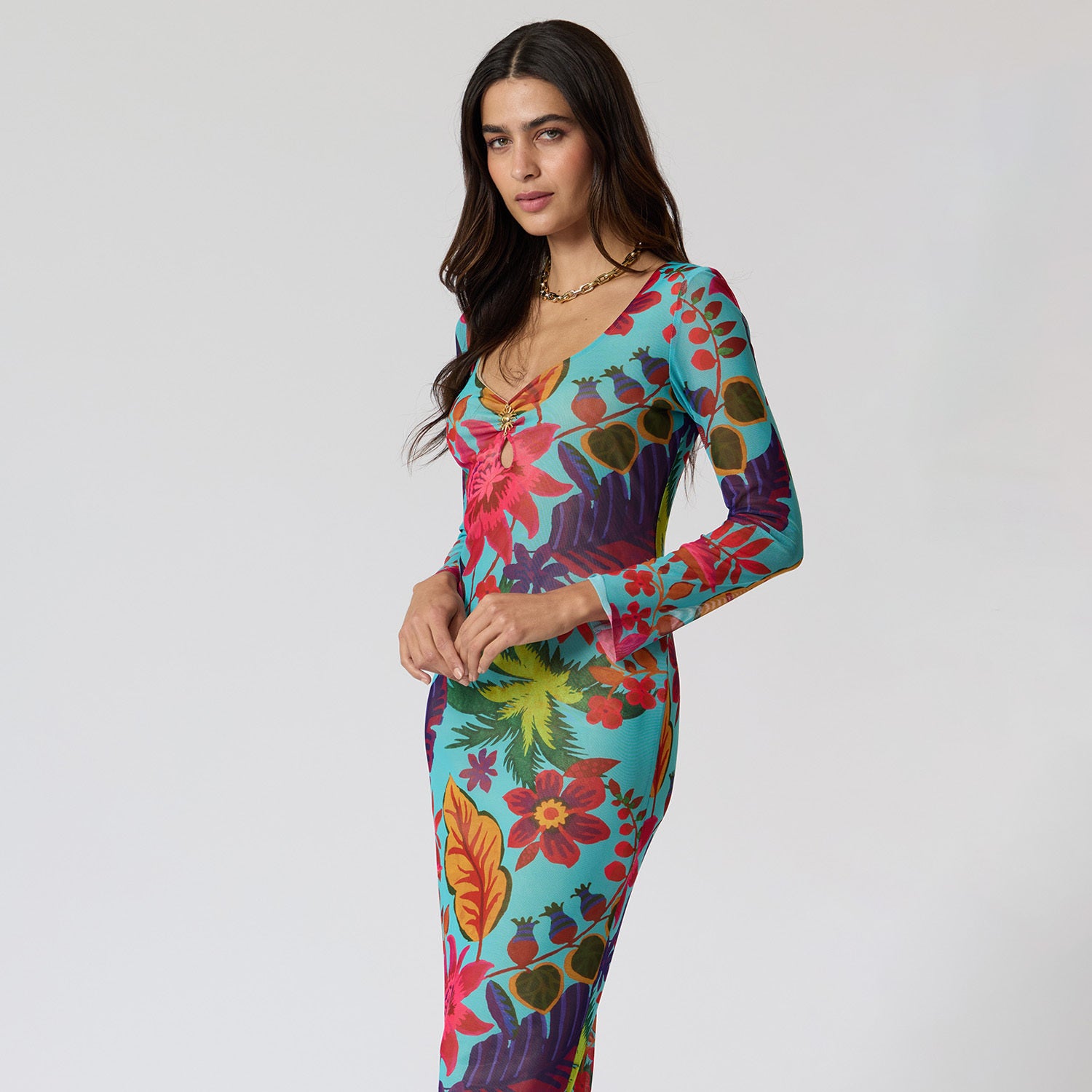 Vestido Largo Mesh Turquesa
