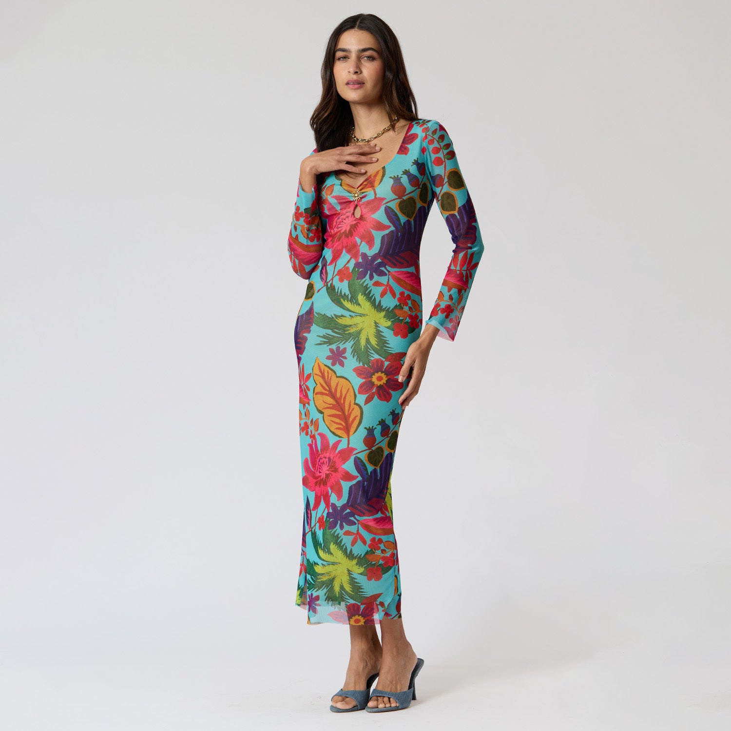 Vestido Largo Mesh Turquesa