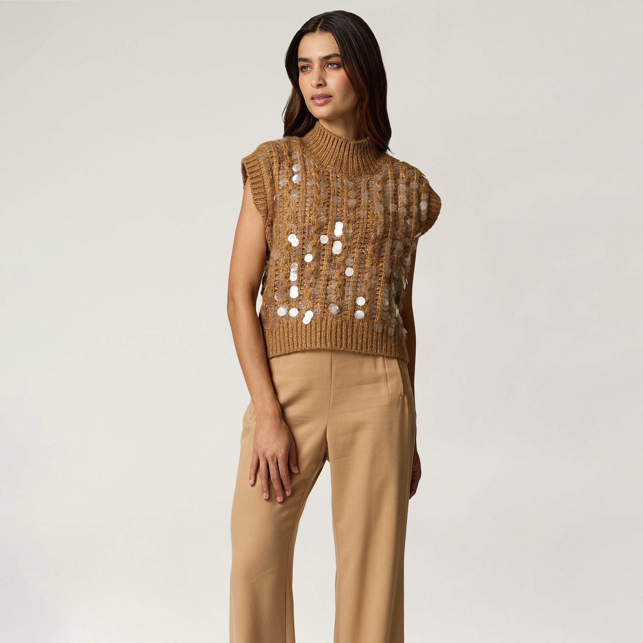 Chaleco Beige Punto con Lentejuelas